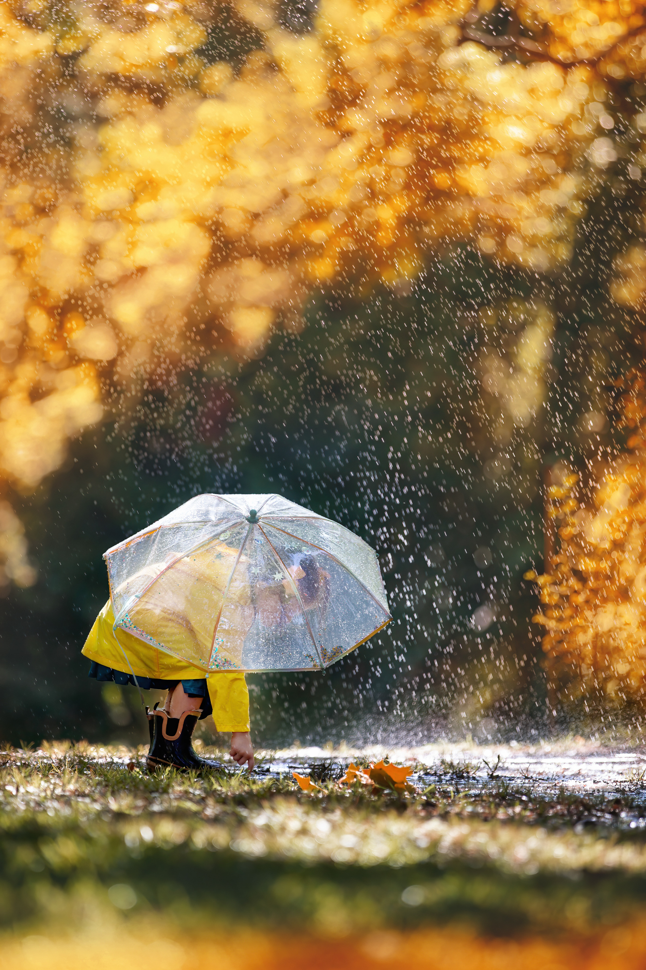 Little girl holding an umbrella while playing with leaves under the pouring rain in the Arboretum in Houston.
