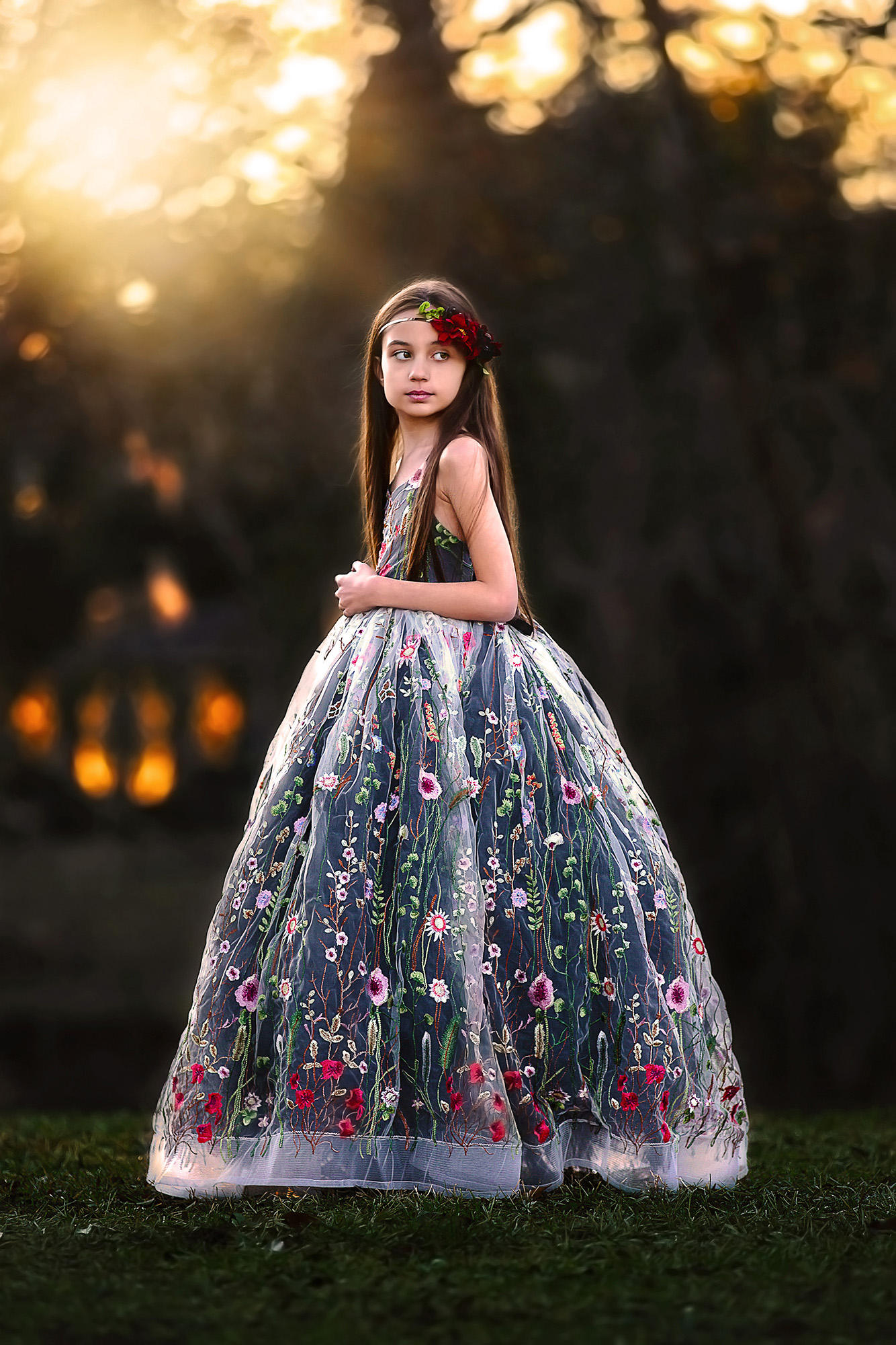 Tween girl wearing a formal dress on her way to an event at the Houston library.